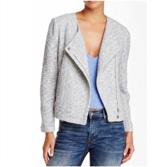 Joie Jackets & Blazers - Joie Women's Hidden Zip-Up Tweed Long Sleeve Blue / White Moto Jacket Size L